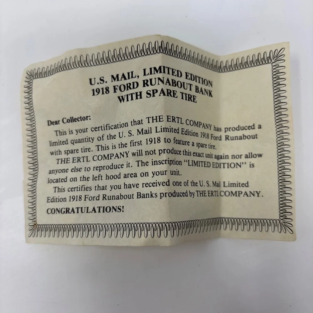 Limited Edition 1918 Ford Model T Runabout US Mail 1:25 Diecast ERTL Coin Bank